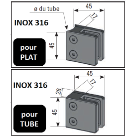 PINCE A VERRE 8,76 CARRE INOX 316 sur PLAT ou TUBE  - www.esse.fr