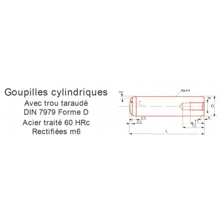 GOUPILLE CYLINDRIQUE TARAUDÉE ACIER TRAITÉ 60 HRC - DIN 7979